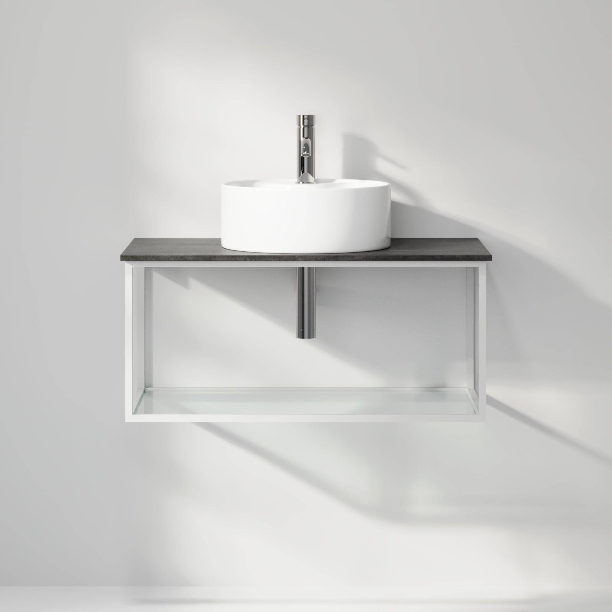 Badrumsmöbel med öppen metallram och botten i härdat glas - 80x46x50 cm - matt vit - vit fristående Porslin tvättställ - Bänkskiva i betonglook - Stenstorp