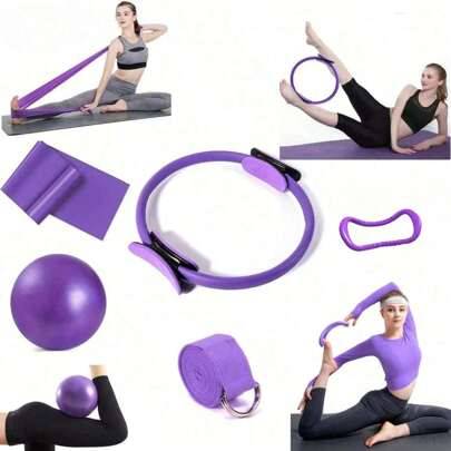 1 set pilatesträningsutrustning, 5-delat pilatesset, inklusive en pilatesring, pilatesmotståndsband, yogastretchband, yogastretchögla och en 25 cm mat - Flera färger (5 st lila,5 st rosa)