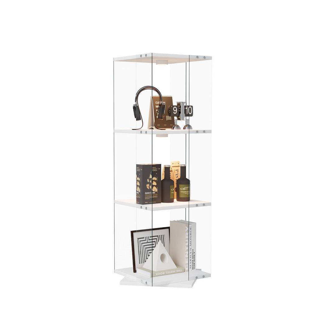 360° roterande displaymonter med RGB LED, 3 hyllor, vit glasmonter för dekoration - Vit