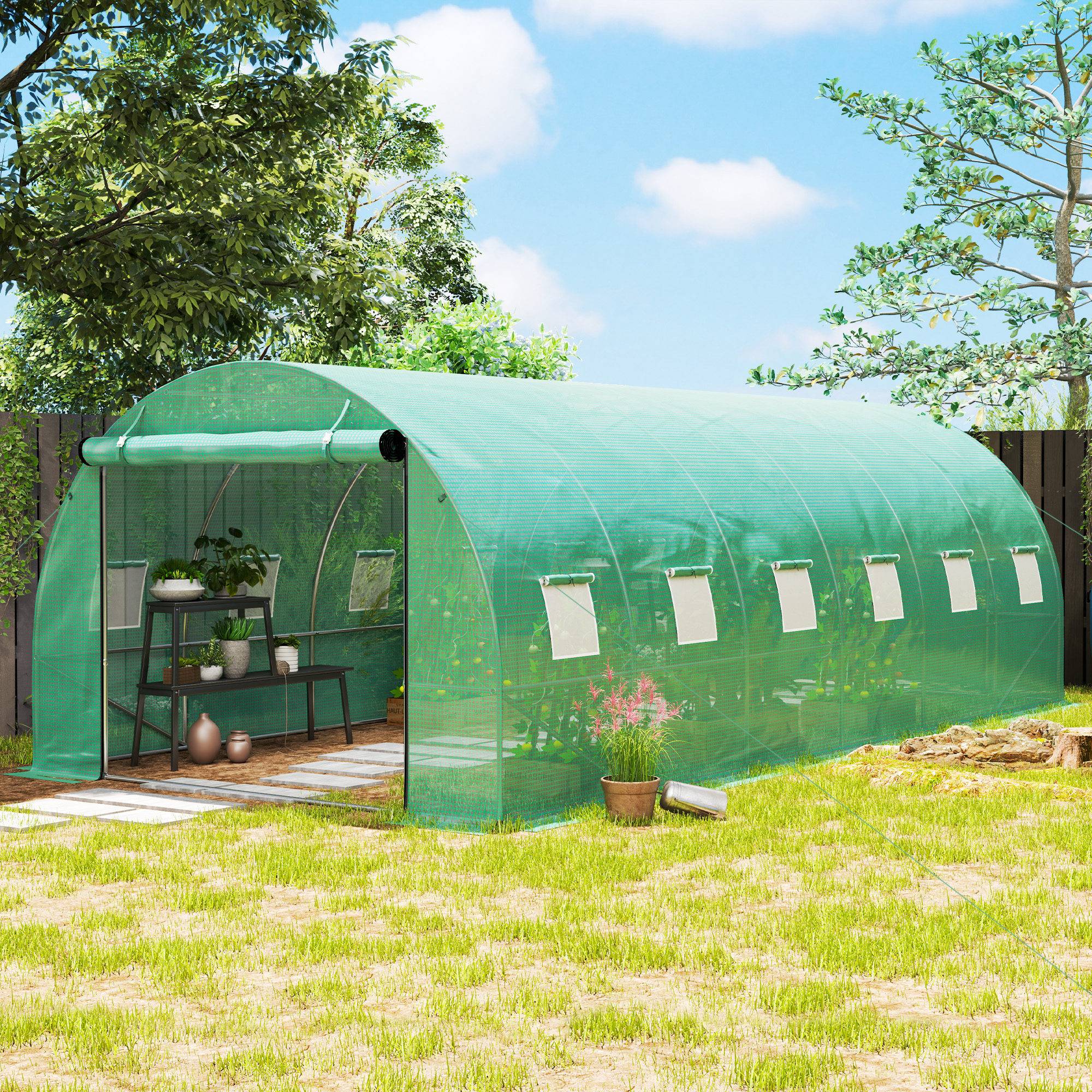 Drivhus ca. 6 x 3 x 2 m med 12 vinduer, rulledør, rullesidevægge, UV-bestandig polytunnel, vintersikkert tomathus med jordanker, grøn.