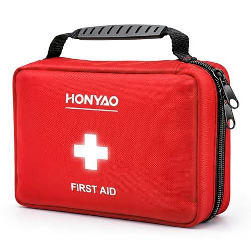 HONYAO Första Hjälpen Kit 222 Styck, Complete First Aid Kit för Hem Arbetsplats Bil Sport Husvagn Resor Camping Vandring, Röd