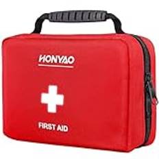 HONYAO Första Hjälpen Kit 222 Styck, Complete First Aid Kit för Hem Arbetsplats Bil Sport Husvagn Resor Camping Vandring, Röd