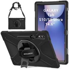 BRAECN Samsung Galaxy Tab S10 Ultra/S9 Ultra/S8 Ultra-fodral 14,6 tum, robust stötsäkert skyddsfodral med 360° vridbar handrem och stativ, pennhållare, axelrem – svart