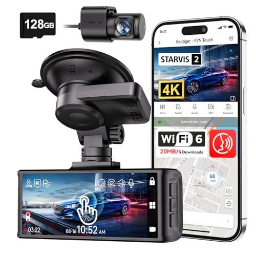 REDTIGER 4K Dashcam Voiture Avant Arriere, Écran Tactile 3.18 Pouces, Carte 64GB Gratuite, Camera Voiture Intégrée WiFi GPS, UHD 2160P Vision de Nuit, WDR, Moniteur de Stationnement (F7N Touch)