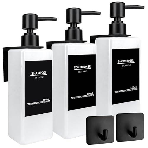 HCYWOC Schampodispenser för duschvägg, schampo och balsamdispenser med 16 vattentäta etiketter, ingen borr dusch tvåldispenser badrum, dusch tvåldispenser väggmonterad 3 kammare, 17 oz, vit