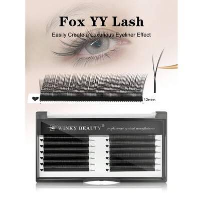 Fox YY Lashes, fluffiga och lätta, vinklade, fläktformade färdiga franskluster, 5D Fox Eye-fransförlängning, C/D-böjning, 12 rader, avlånga yttre hörn - Multifärgad