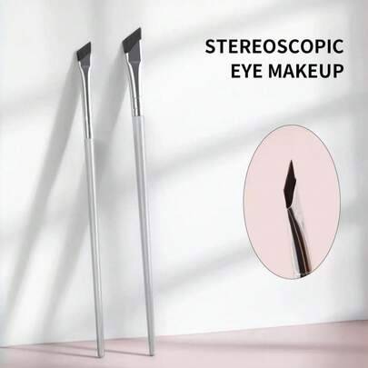 2-delars set med vinklade ögonbryns- och eyelinerborstar – precision för bryn, eyeliner och highlight under ögonen, mjuka borst, resevänligt för dagli - Silver