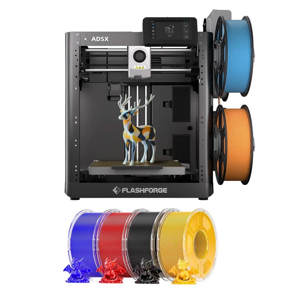 Flashforge AD5X 3D Printer + 4kg Mecpow HS Filaments (3kg PETG + 1kg PLA+) - Red, Blue,Yellow and Black