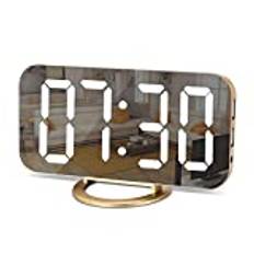 Väckarklocka med spegelyta, digital väckarklocka, stor 6,5” LED-skärm med ljusavkännande dämpningsläge, justerbar ljusstyrka, 2 USB-laddningsportar, stor snooze-knapp, sovrum vardagsrum, heminredning
