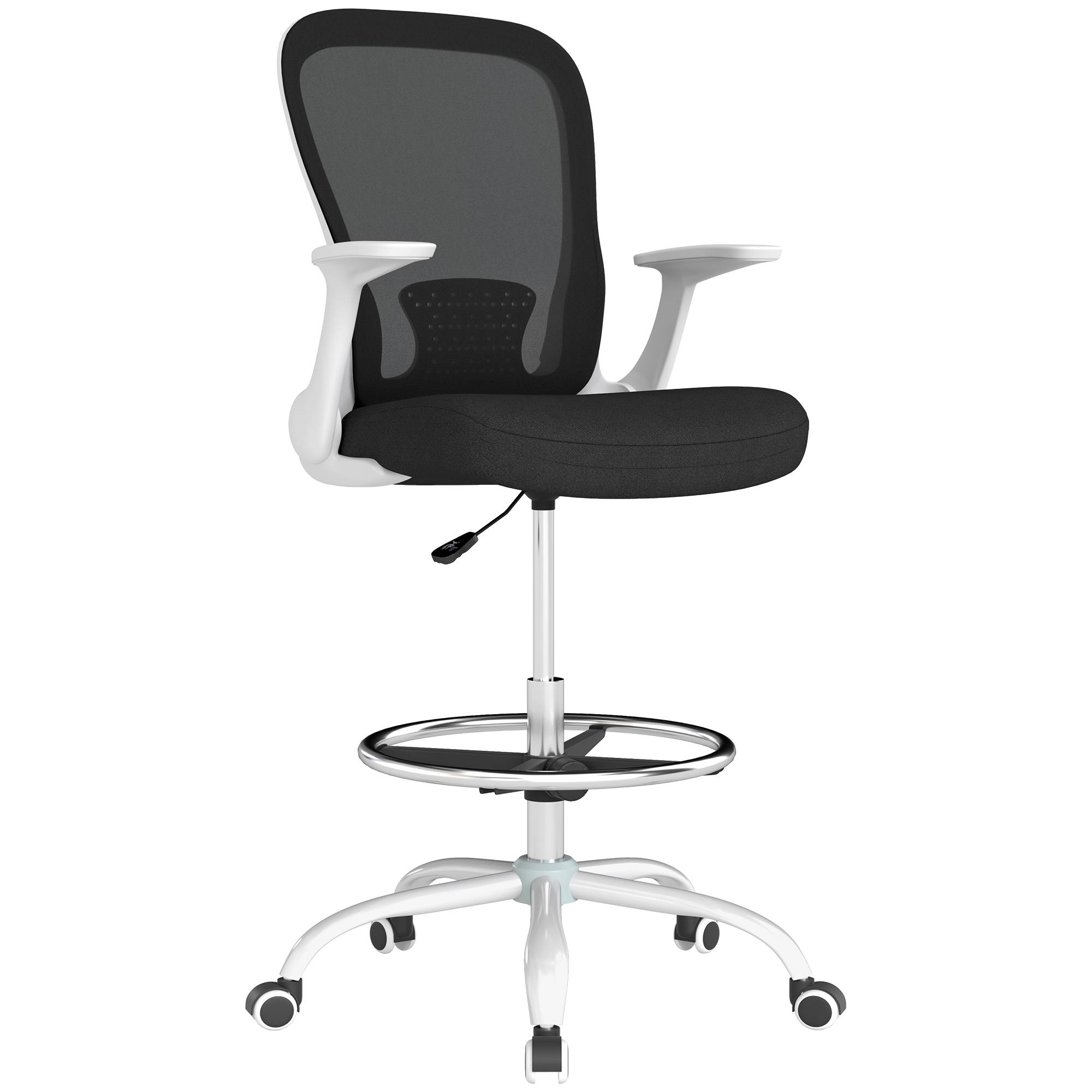 HOMCOM Draughtsman Chair, Mesh Office Chair, Ergonomic Desk Chair with Flip-up Armrest, Adjustable Foot Ring, Black & White Aosom UK
