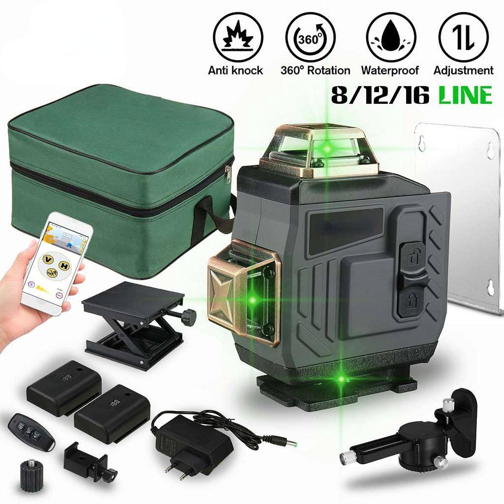 8/12/16 Line 4D Laser Level Justerbar Grönt ljus Självnivellerande 360° Roterande Horisontell Vertikal Kors Automatisk mätning