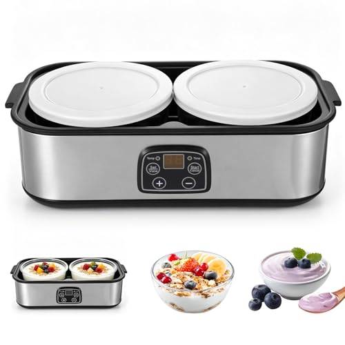 Automatisk yoghurtberedare och yoghurtmaskin, 2 000 ml yoghurtmaskin med 2 glasbehållare, justerbar temperatur och 48 h timer för yoghurt gör själv, ekologisk yoghurt, ost, natto