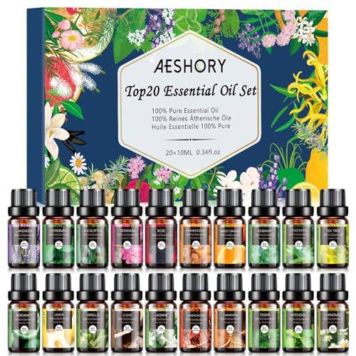 AESHORY Eteriska Oljor Set 20 x 10ML, 100% Naturlig Aroma Diffuser Olja Gift Set, Aromaterapi Oljor Doftoljor för Diffusorer, Luftfuktare, SPA, Massage, Avkoppling, Tvål, SPA, Bad presentset