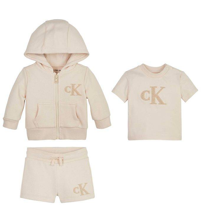 Calvin Klein Set - Cardigan/T-shirt/Shorts - Whitecap Grå - Calvin Klein - 3 år (98) - Shorts