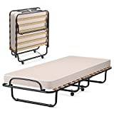 LIFEZEAL Hopfällbar säng för vuxna 190 x 80 x 33 cm med minnesskummadrass, rostsäker metallram, hopfällbar gästsäng, extra säng med 4 hjul, 15 trälameller, belastning 130 kg (beige)