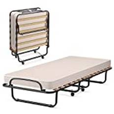 LIFEZEAL Hopfällbar säng för vuxna 190 x 80 x 33 cm med minnesskummadrass, rostsäker metallram, hopfällbar gästsäng, extra säng med 4 hjul, 15 trälameller, belastning 130 kg (beige)