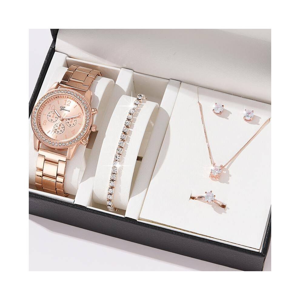 (Silver) 6PCS Set Luxury Watch Women Ring Necklace Earrings Rhinestone Fashion Wristwatch Female Casual Ladies Watches Bracelet Set Clock