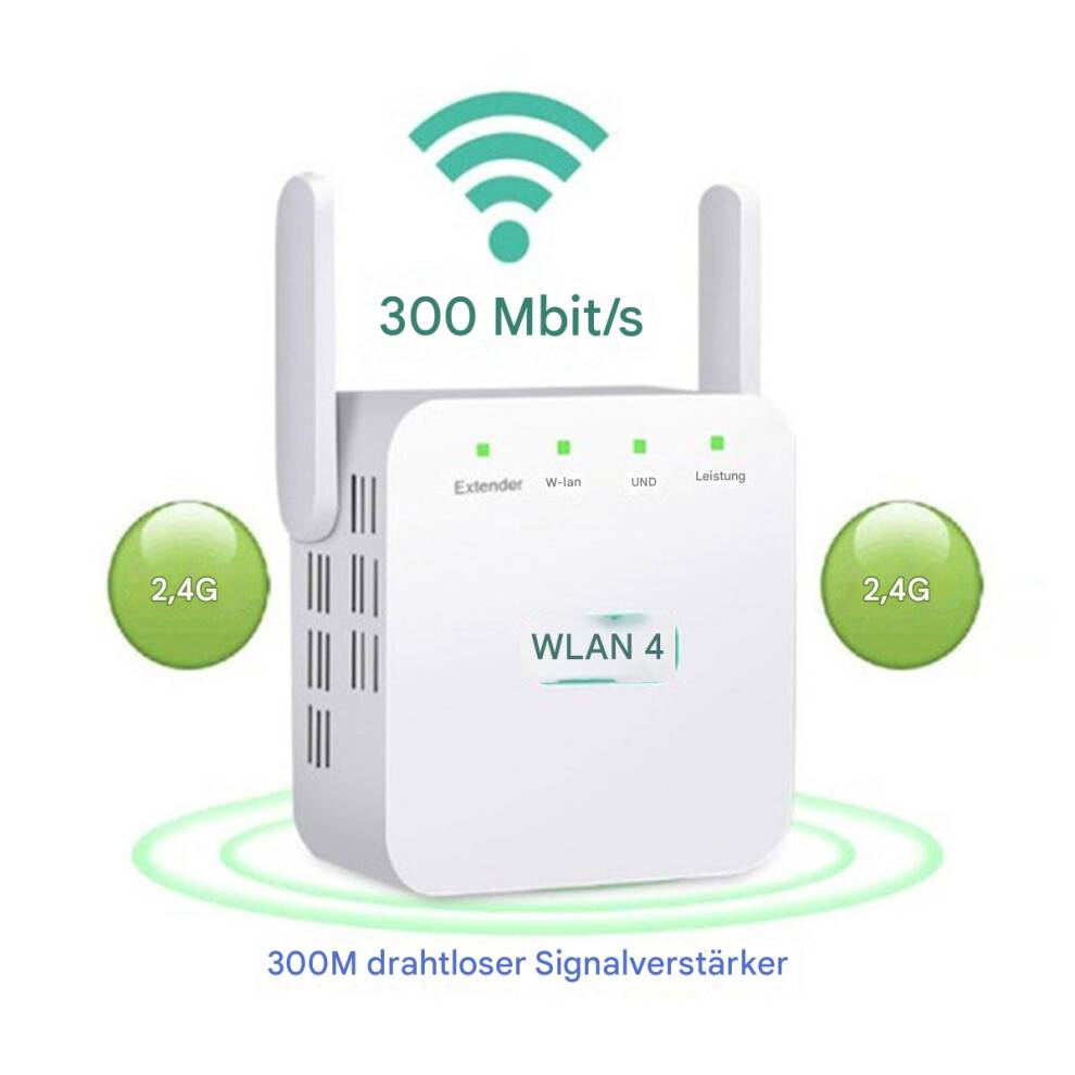Signalrepeater til 2,4 GHz netværk, WiFi-booster med 300 Mbps hastighed, nem opsætning, Plug and Play-rækkeviddeforlænger med roterende antenner,