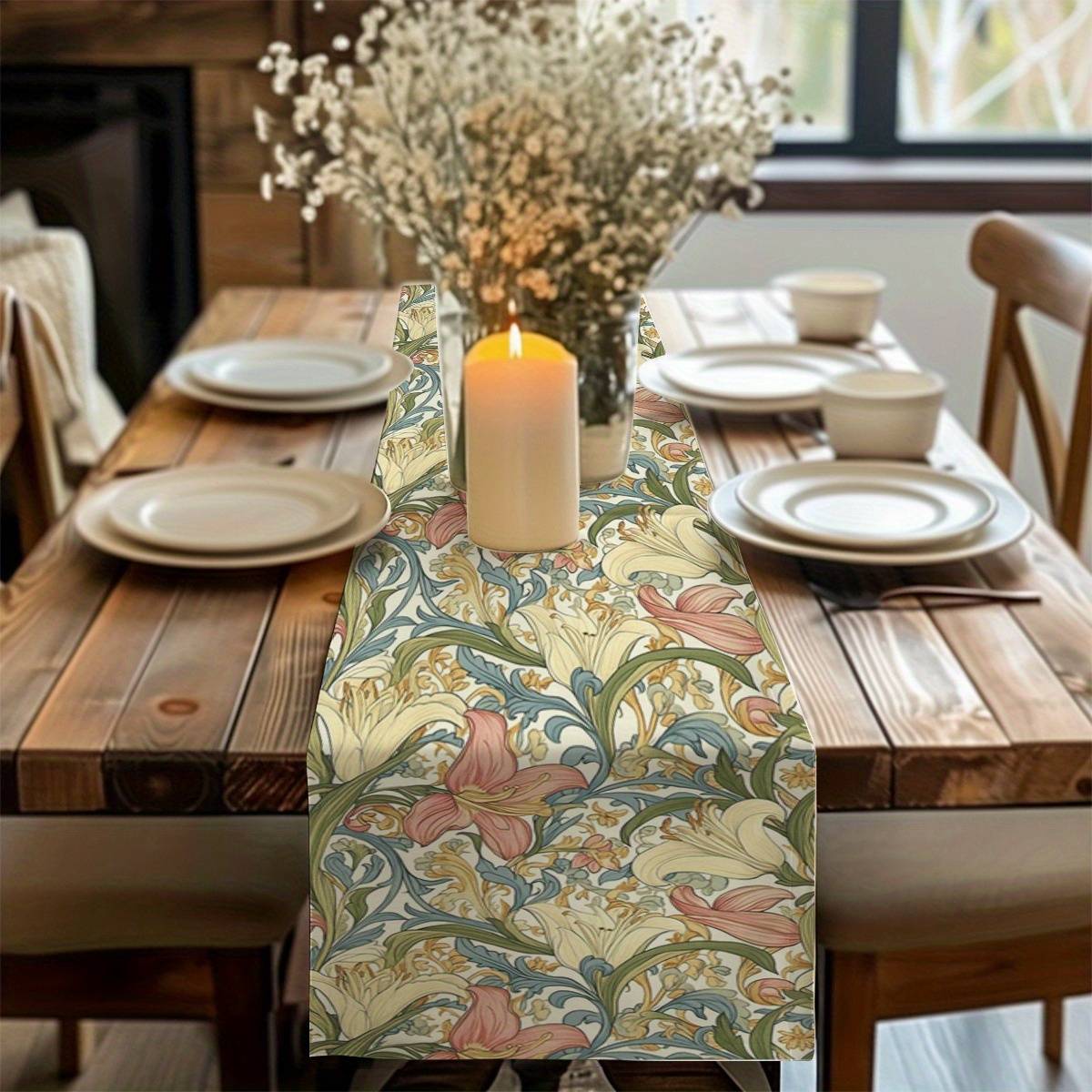 1pc Elegant William Lily Plant Table Runner - Washable Polyester, Vibrant In Blue, Green, Pink & Yellow, Perfect For Indoor/outdoor Dining Tables, Home Decor, Dining Table Decoration