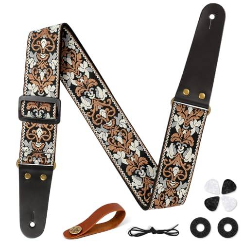 Aucuu Gitarrband, gitarrrem i bomull, broderi av gitarrremmar, 4 gitarrplektrum, 2 gummibandsfästen, äkta läderändar, för gitarr, elektrisk, akustisk, #11 gul vit, 35-56.7 pulgadas