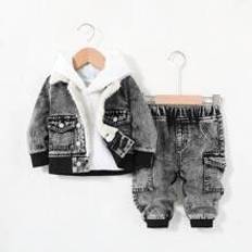 Baby Boy 2st/set Cool Varm Stentvättad Cargo Ficka Svart Denim Termofodrad Teddy Jacka Och Loose Fit Denim Jogger Jeans, För Baby Boys Inomhus/Utomhus - Multifärgad (6-9M,9-12M,12-18M,18-24M,2-3Y)