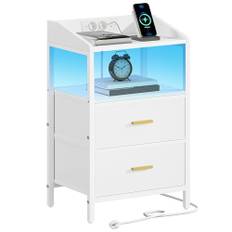 Hzuaneri Sängbord med LED-lampor, gavelbord med 2 förvaringslådor och hyllor i tyg, sidobord med USB-portar och eluttag, nattduksbord med öppen hylla för sovrum, vardagsrum (Vit, 1)