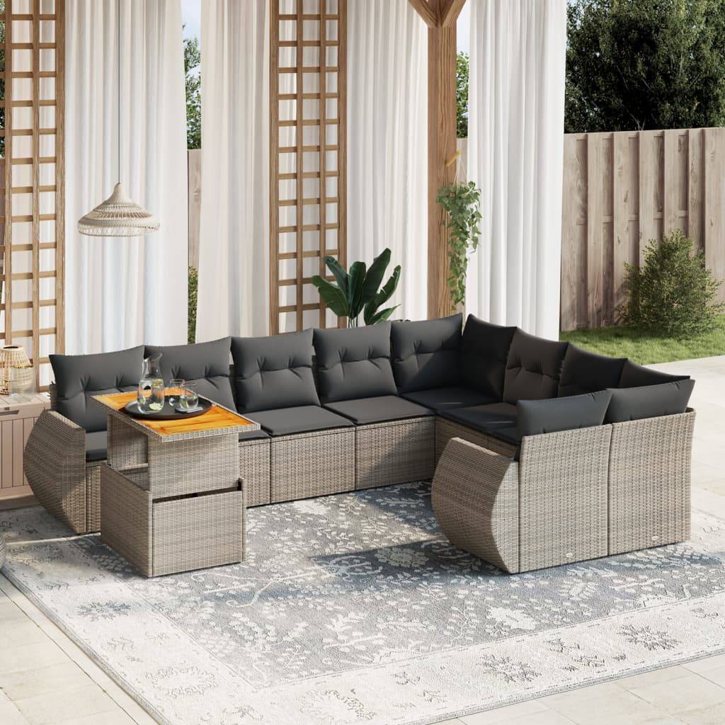 Sofasæt Til Haven 10 Dele Med Hynder Polyrattan - Grå / Bord + 5x midterdel + 4x hjørnedel