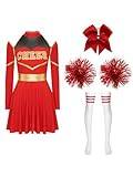 TiaoBug Dam Cheerlead kostym långärmad halterneck dansklänning med gyllene skirr bokstäver klänning med pompoms sport knästrumpor hårsnodd scen kläder röd B S
