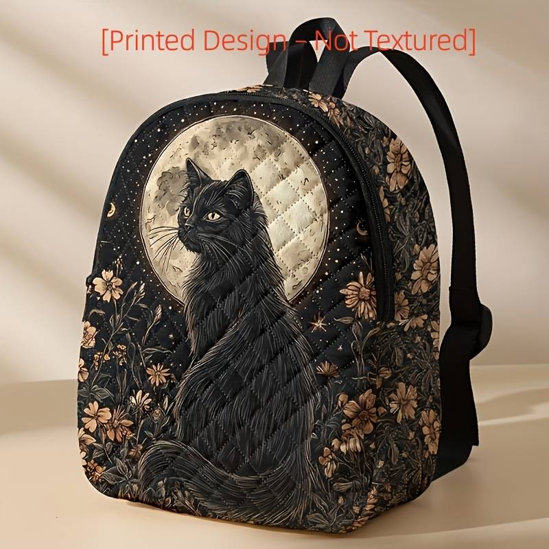 [printed Design – Not Textured] Moon, Flower, And Black Cat Pattern Rhombus Backpack, Lightweight Large-capacity Travel Backpack, Suitable For School, Travel, And Camping