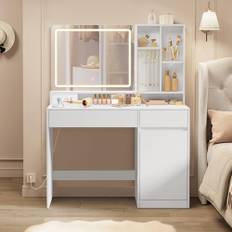 VASAGLE Sminkbord med spegel och ljus, sminkbord, 110 cm bredd, låda, justerbara hyllor, eluttag, smyckesförvaring, för sovrum, molnvit RDT634W01
