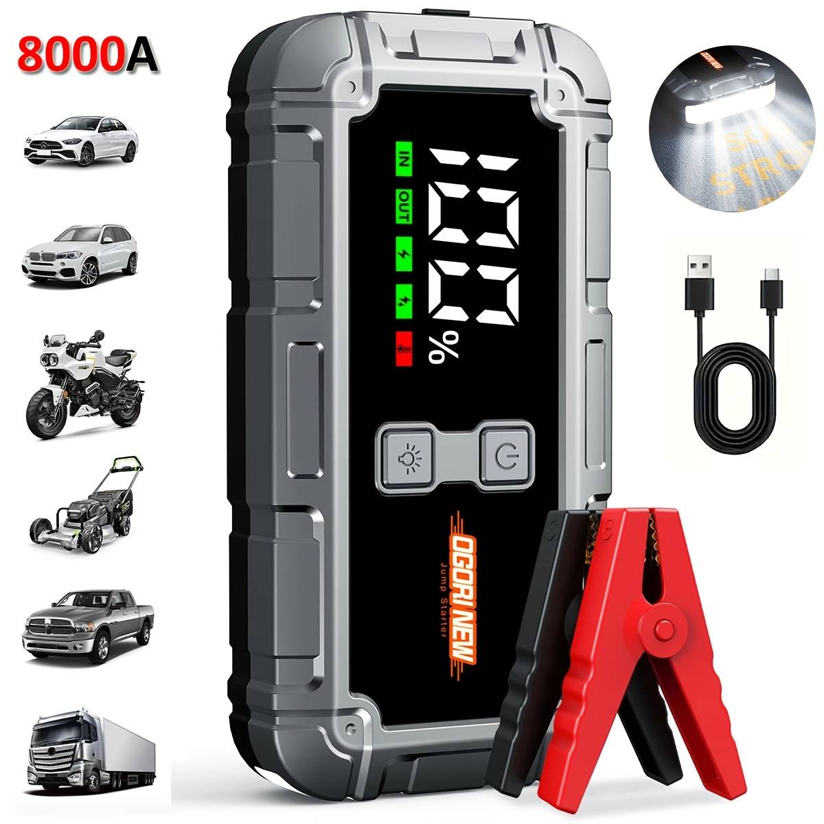 TEMU 12v Car Jump Starter 8000a Auto Battery Power Bank, Jump Box With Led Light Lcd Screen (up To 10.0 Gas Or 8.0l Engine)