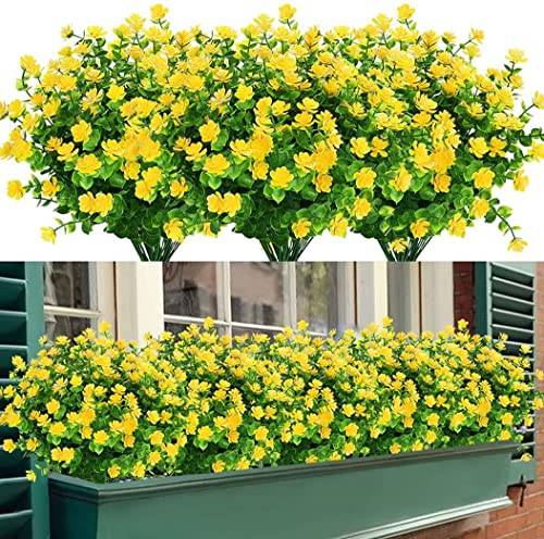 SOMYTING 8 buntarkonstgjorda blommor, balkong, UV-resistent, gröna buskar, växter, eukalyptusdekoration för inomhus, utomhus, trädgård, fönster, bröllop, fest, dekoration (gul)