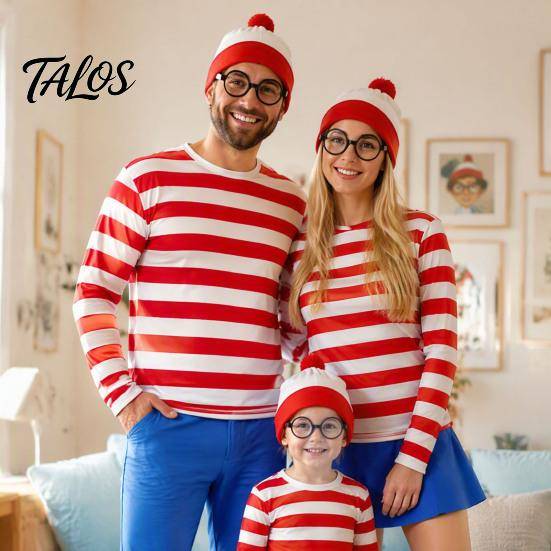 Barn Vuxen Rollekostym Halloween Röd Vitrandig Skjorta för Vuxna Barn, Nördig Glasögon Rundhalsad Tröja Mössa Ingår, Män Kvinnor Barn cm red