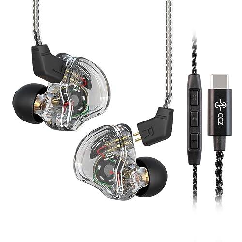 CCZ Melody In-Ear-Monitors Yinyoo Hybrid 1BA 1DD HiFi-hörlurar, Deep Bass Lätta In-Ear-hörlurar IEM med 4N OFC-kabel för musiker/trummis/bassist (Clear Black, Mic TYPE-C)