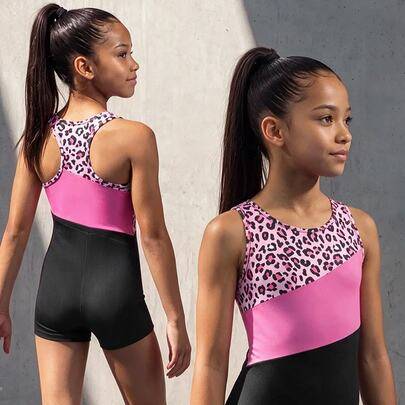Färgblockig leopardmönstrad gymnastikdräkt i ett stycke för tweenflickor, svart och rosa stickad med barntryck, exklusivt tryck, bekväm elastisk somma (7Y,8Y,9Y,10Y,11Y,12Y,13Y)