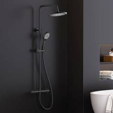 FORIOUS Duschsystem med Termostat, Rostfritt Stålduscharmatur Komplettset med 25 CM Rund Takdusch, Höj- och sänkbar Duschstång 90-125 CM, ABS Handdusch med 3 Strålar Svart