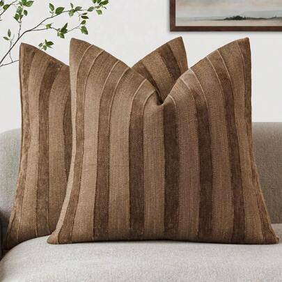 1 st brunt randigt 3D-örngott (örninlägg ingår ej), modernt och snyggt mjukt chenille- och konstlinneblandat tvåfärgat randigt bekvämt kuddfodral, läm (Multi-size)