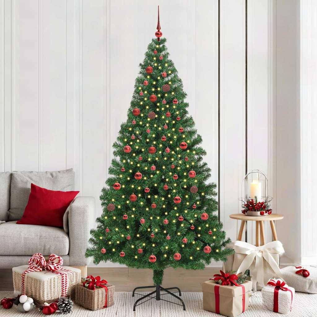Kunstigt juletræ 210 cm med LED-lyskæde og stativ - grøn, PVC/stål/plast