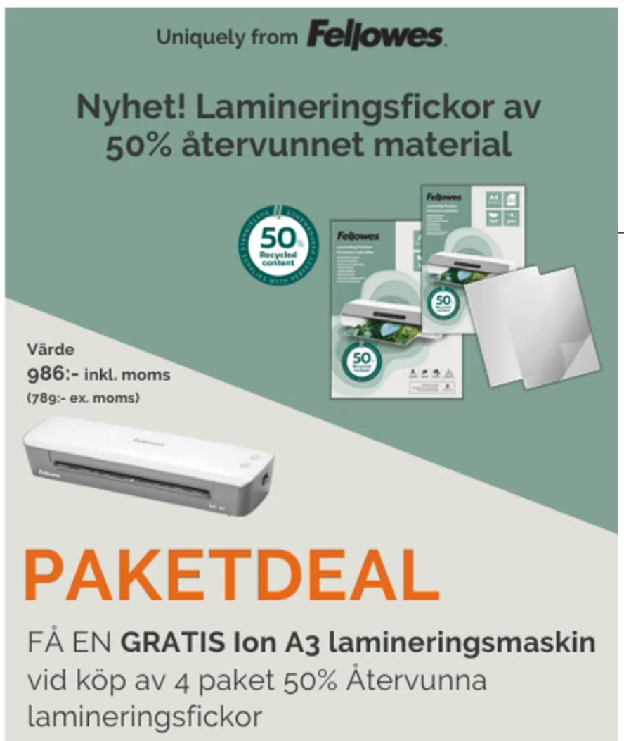 Kampanj! Lamineringsfickor + gratis Fellowes Ion A3