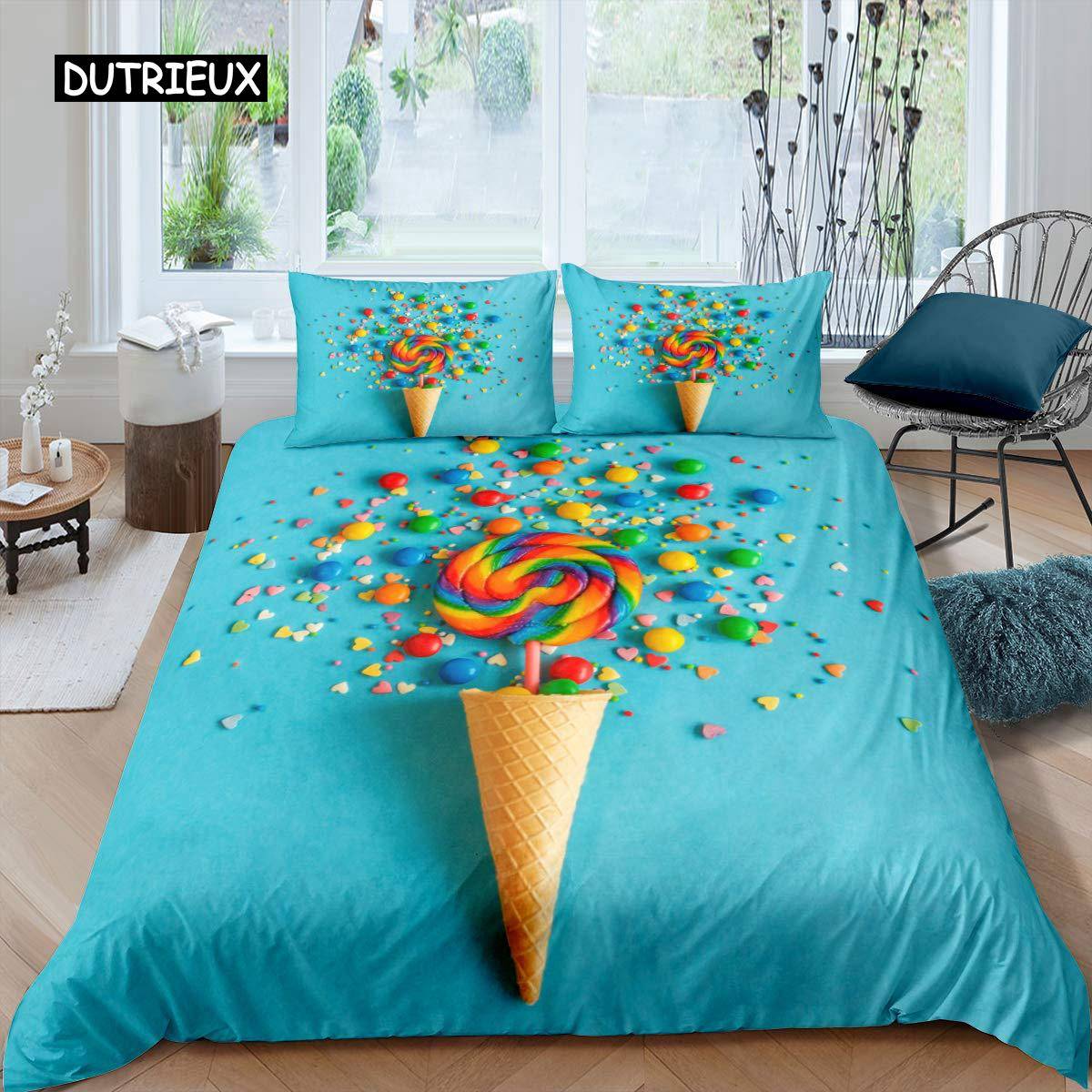 Lollipop Påslakanset Mat-tema Täcke Överdrag Blått Bubbla Sängkläder Set för Barn Barn Kvinnor Flickaktigt Drömskt Täcköverdrag EU SK(260x220cm)