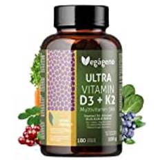 ULTRA VITAMIN D3 och K2 180 Veg Kapslar. Multivitamin med vitamin C, E och B-komplex (B1, B2, B3, B6, B9, B12), Biotin, Folsyra, Niacin, Tiamin. Mirenaler: Zink, Selen, Kisel och Magnesium.