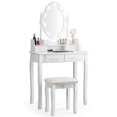 Klassisk toiletbord sæt med skammel LED-pærer kosmetikbord 75 x 40 x 146 cm hvid