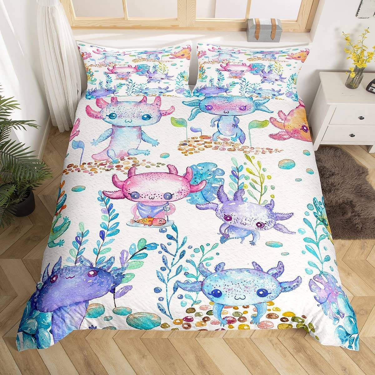 Sött Axolotl Sängklädesset För Pojkar Flickor Kawaii Reptiler Djur Täcke Örngott Tvilling King Size Havsliv Axolotl Påslakan