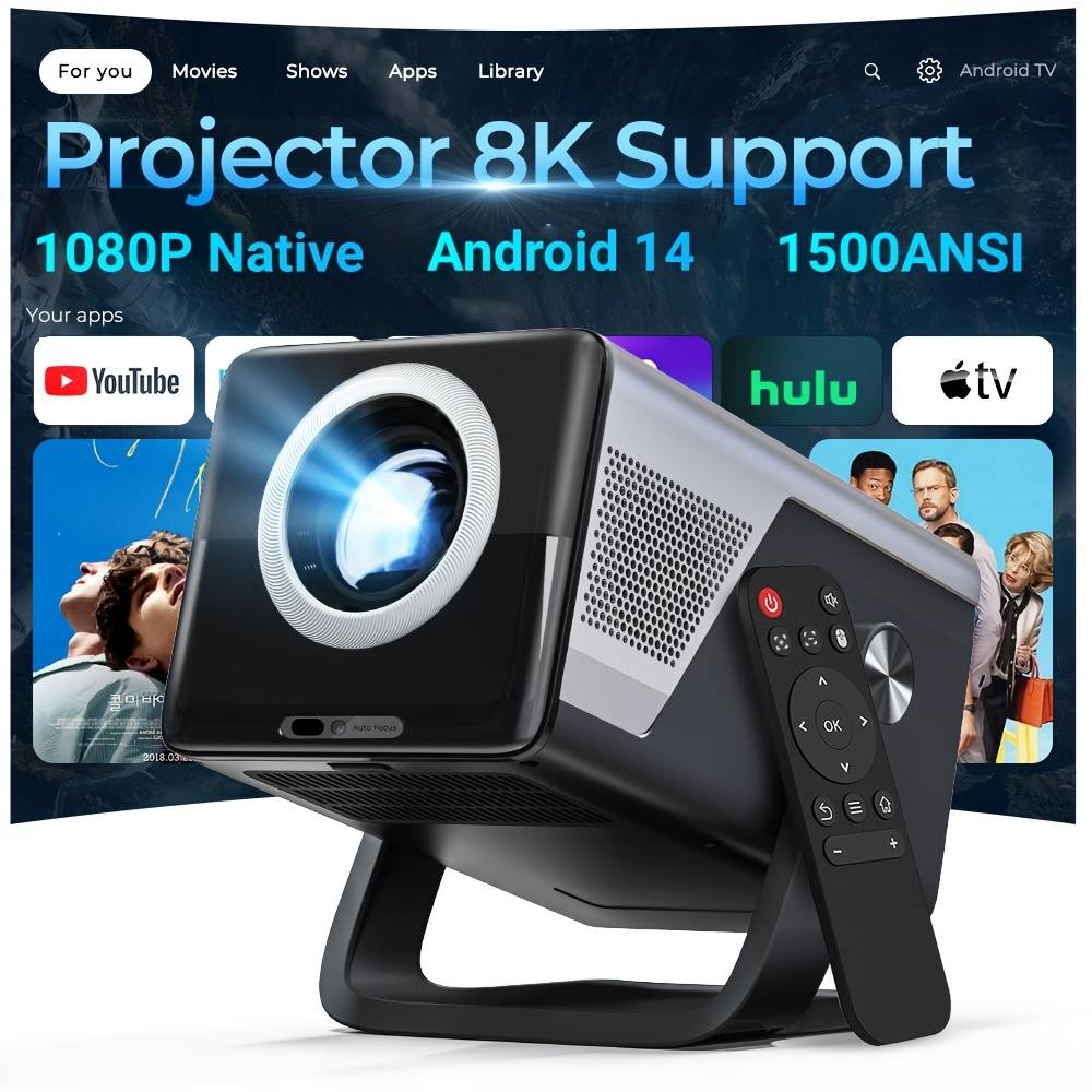 TEMU High Brightness Support 8k Hd Projector With Wifi6 And Bt5.4, Local 1080p Movie Home Theater With Auto Focus, 200'' Display For Indoor Use, Smart Projector Compatible With Phone/tv Stick/pc/ps5