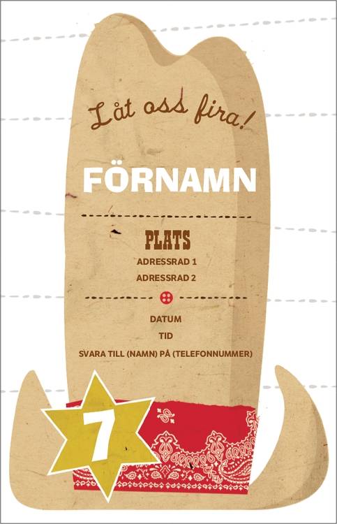 Enkla inbjudningskort i stående format - 117 x 182 mm - Solbruna - Cowboyhatt - Födelsedag Barn