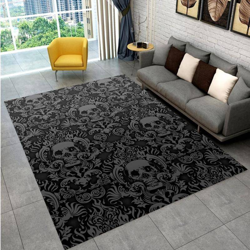 Vintage Black Gothic Skull Damask Halloween Area Rugs Carpet Bedroom Floor Mat Non-Slip Washable Cartoon Doormat Home Decor Rug