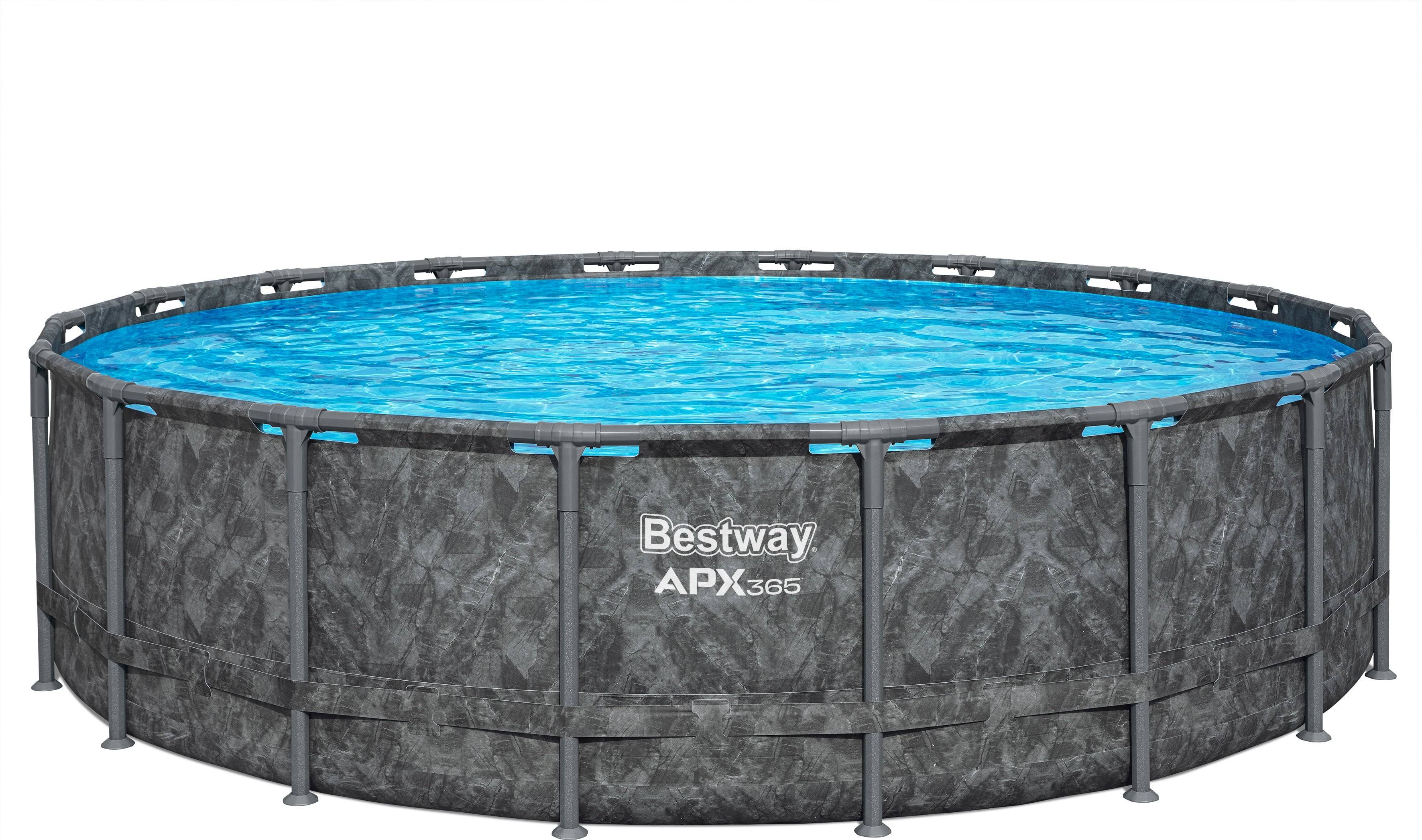 APX365™ Winterfestes Frame Pool Komplett Set Ø 549 x 132 cm, Set med pool, sandfiltersystem, filterkulor, säkerhetsstege, presenning, reparationslappar