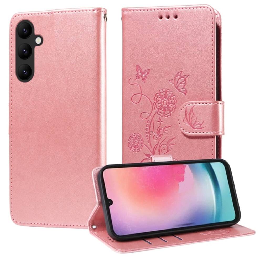 Flip-cover med sommerfuglemotiv til Samsung Galaxy A24 5G i lyserødt