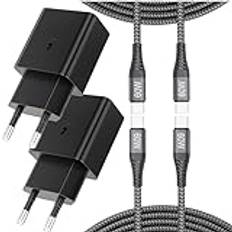 2-Pack 25W USB-C-laddare med 2M nylonladdningskabel USB-C-laddningskabel för Samsung Galaxy A53 5g/S23/S22/S21 Ultra/S21+/Z Flip 3/Z Fold 3 5G/S20/Note20/S10, snabbladdare för Samsung, snabbladdning