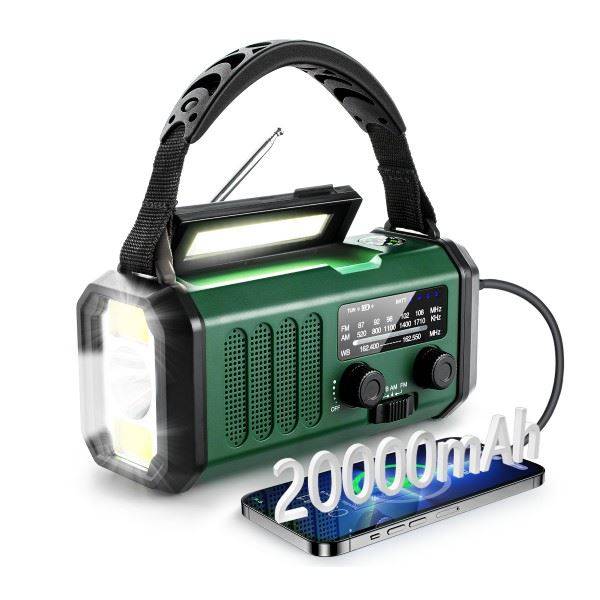 Nødradio, FM/AM, 20.000 mAh Powerbank, Lygte, Solceller og Håndsving, Grøn.
